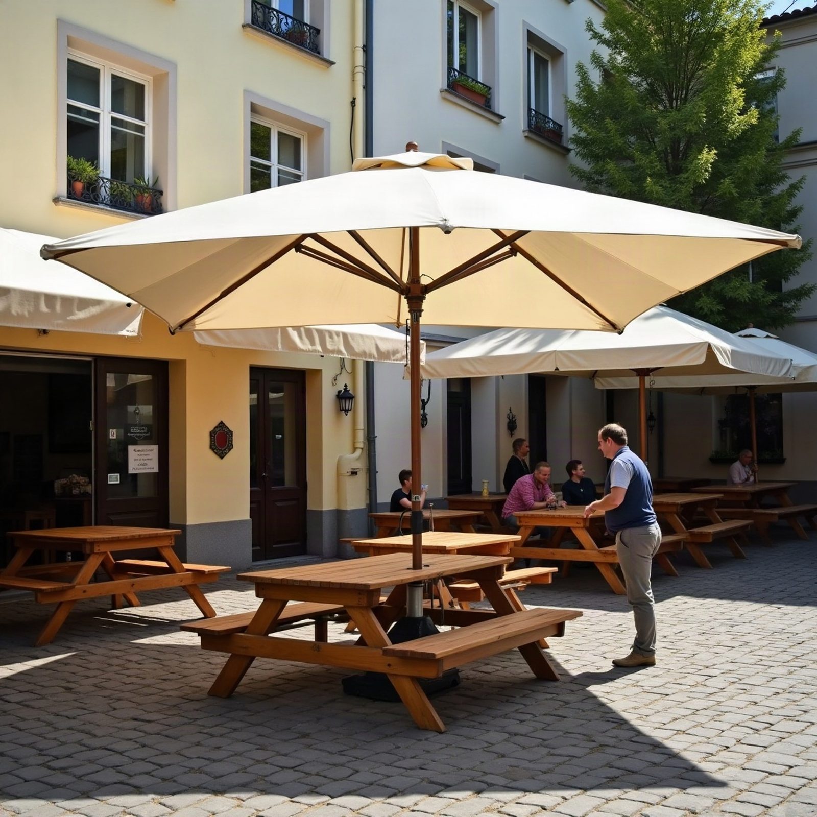 Sonnenschirm 4 × 4 m (Gastro-Marktschirm) mieten — Eventverleih Stuttgart — im Einsatz