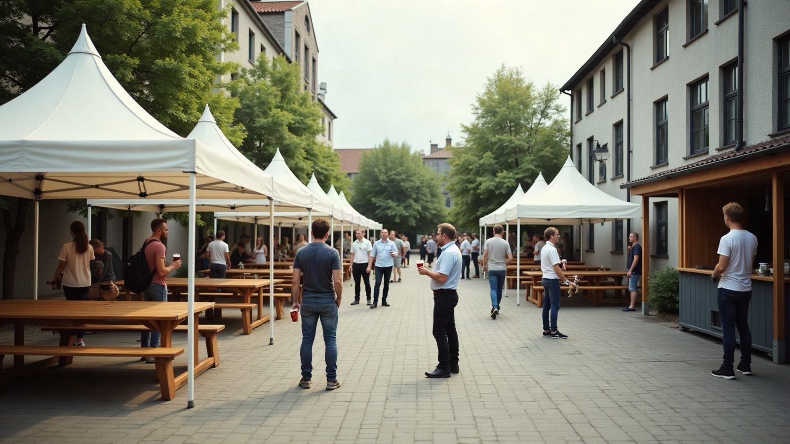 Firmenevent mit Stehtischen und Technik im Innenhof