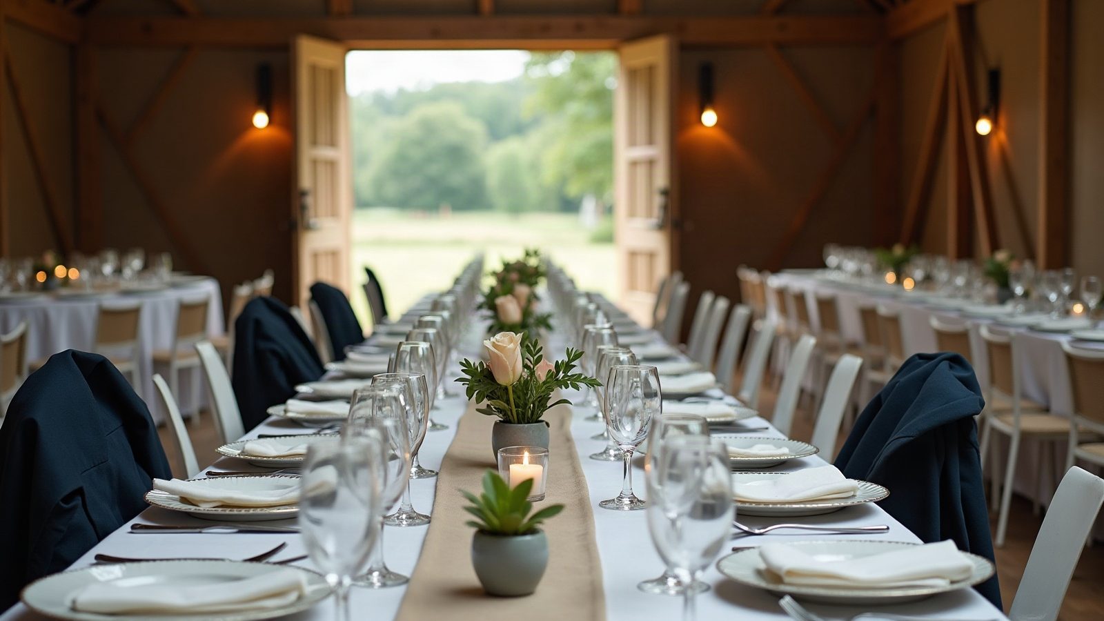 Eingedeckte Hochzeitstafel mit gemietetem Geschirr und Chiavari-Stühlen